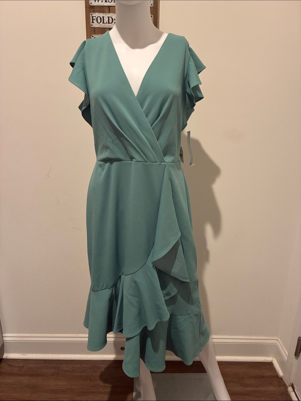 London Times Sage Wrap-Style Ruffle Midi Dress